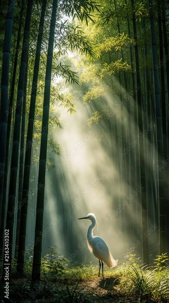 Naklejka premium White egret bird stands in bamboo forest with sun rays filtering through leaves. Mist and light create magical atmosphere. Peaceful scene in rich green nature. Majestic crane waits serenely.