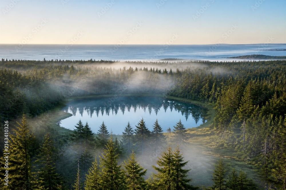 Fototapeta premium Circular forest lake shrouded in morning mist from above