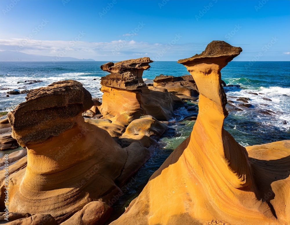 Fototapeta premium scenic close up view of hoodoo stones rock formation in yehliu geopark in new taipei taiwan