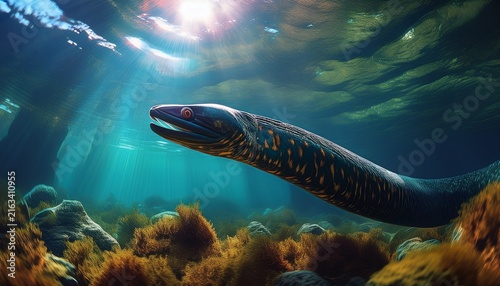 an electric eel lurking underwater in its natural habitat