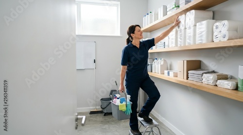 Woman in uniform restocking shelves with cleaning supplies in a bright modern office, representing workplace maintenance and cleanliness.