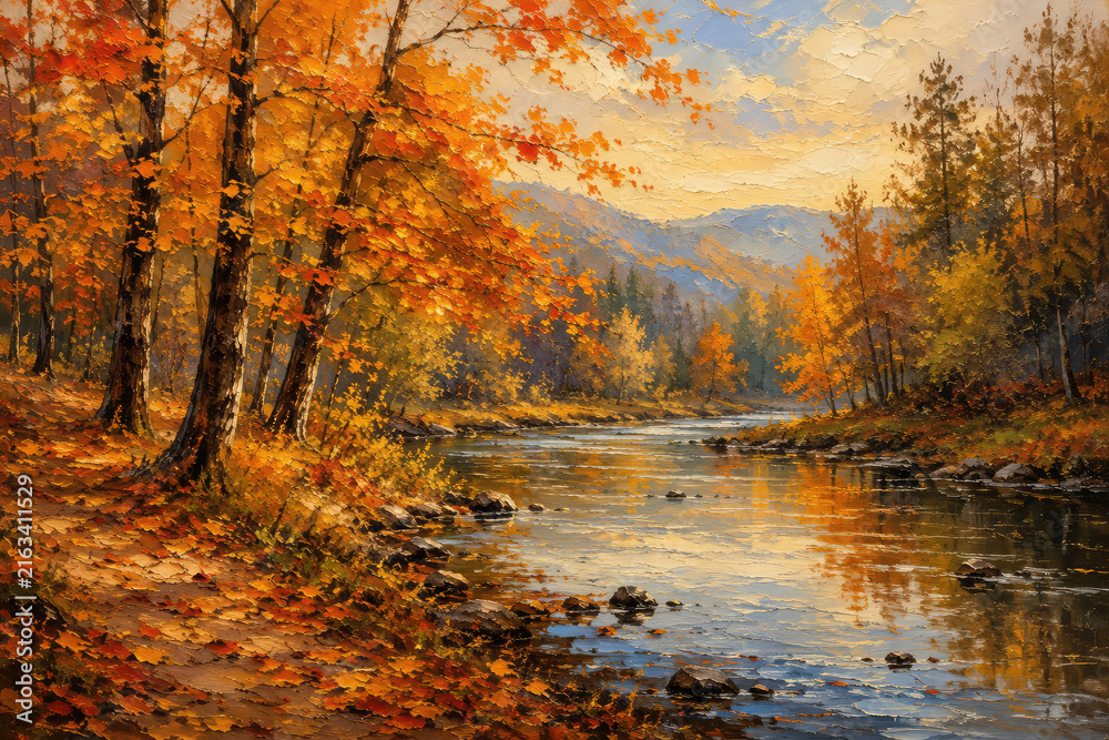 Fototapeta premium Autumn Forest River Oil Painting with Golden Foliage and Mountain Landscape