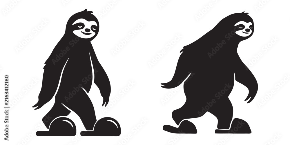 Naklejka premium Black and white silhouette icons of a cute sloth walking in two different poses Vector