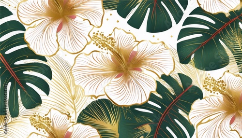tropical hibiscus floral pattern with monstera leaves and gold