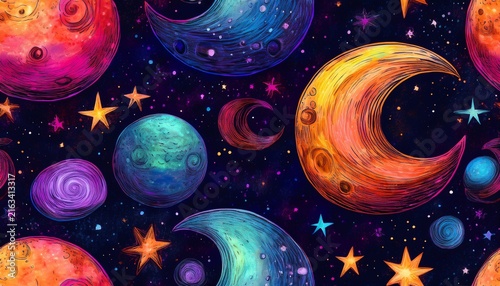 seamless pattern with colorful hand drawn moons and galaxies