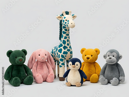 Colorful collection of plush stuffed animals arranged in a group