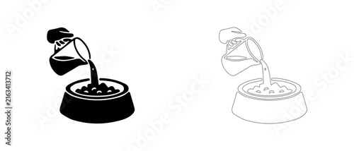 Cuadro en lienzo Hand pouring liquid from pitcher into kibble bowl vector icon filled and outline, broth adding and food rehydration symbol