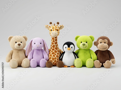 Cute collection of plush animal toys on a neutral background