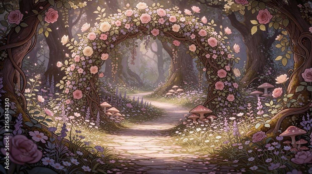 Fototapeta premium Winding stone path leads through enchanted forest archway covered with roses and vines. Magical woodland flora, whimsical mushrooms, and soft sunlight create a dreamy atmosphere.