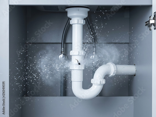 Pipe burst causing water splash under sink with leaking plumbing system