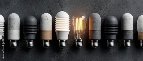 Bright Lightbulb Surrounded By Dull Counterparts Representing Employee Training Skill Development In Professional Development Program