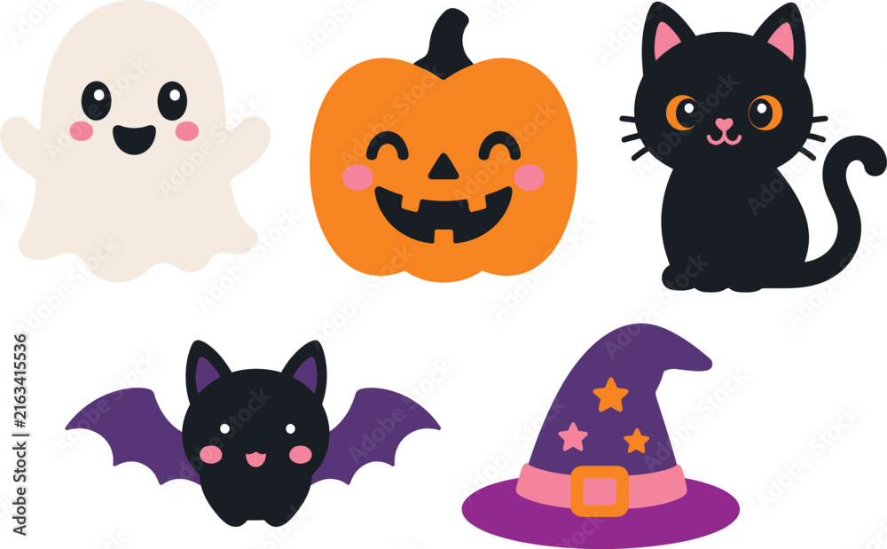 Naklejka premium Cute halloween icons set with pumpkin ghost black cat witch hat and flying bat character