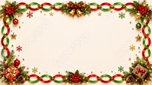 Christmas Holiday Frame with Red and Green Ribbons, Festive Ornaments and Copy Space
