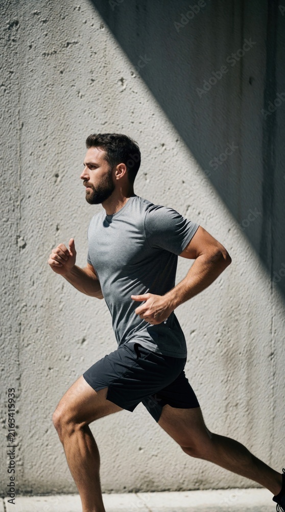 Obraz premium Dynamic side view of male runner in grey shirt, black shorts against concrete wall. Sunny daytime outdoor scene. Athletic man runs, emphasizing motion, fitness, determination. Likely depiction of