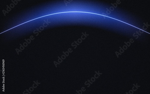 Minimalist abstract background, with a single, glowing blue curved, line arc positioned, at the against, a dark grainy, black surface texture