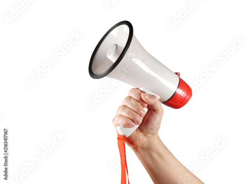 Male Hand holding megaphone over isolated white background to get attention for an announcement