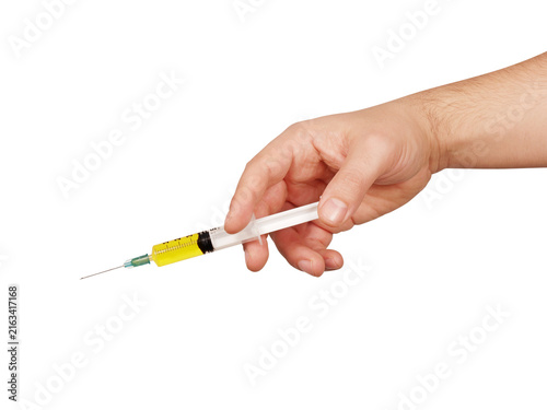 Obraz na płótnie Human male Hand of doctor or veterinary holding syringe going to inject vaccine
