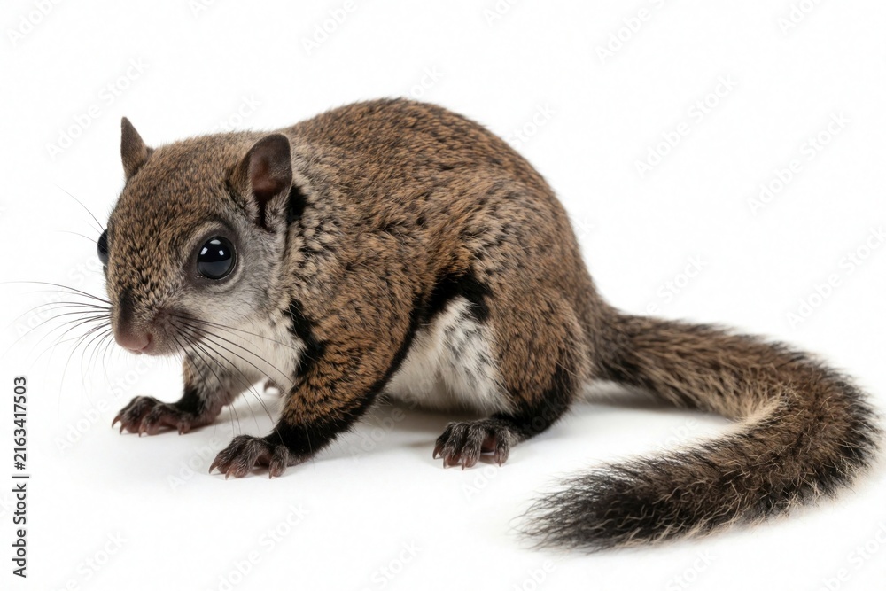 Naklejka premium Javanese flying squirrel poses on white background. Small rodent with big eyes and bushy tail sits and looks curiously. Cute mammal is isolated for graphic design use.