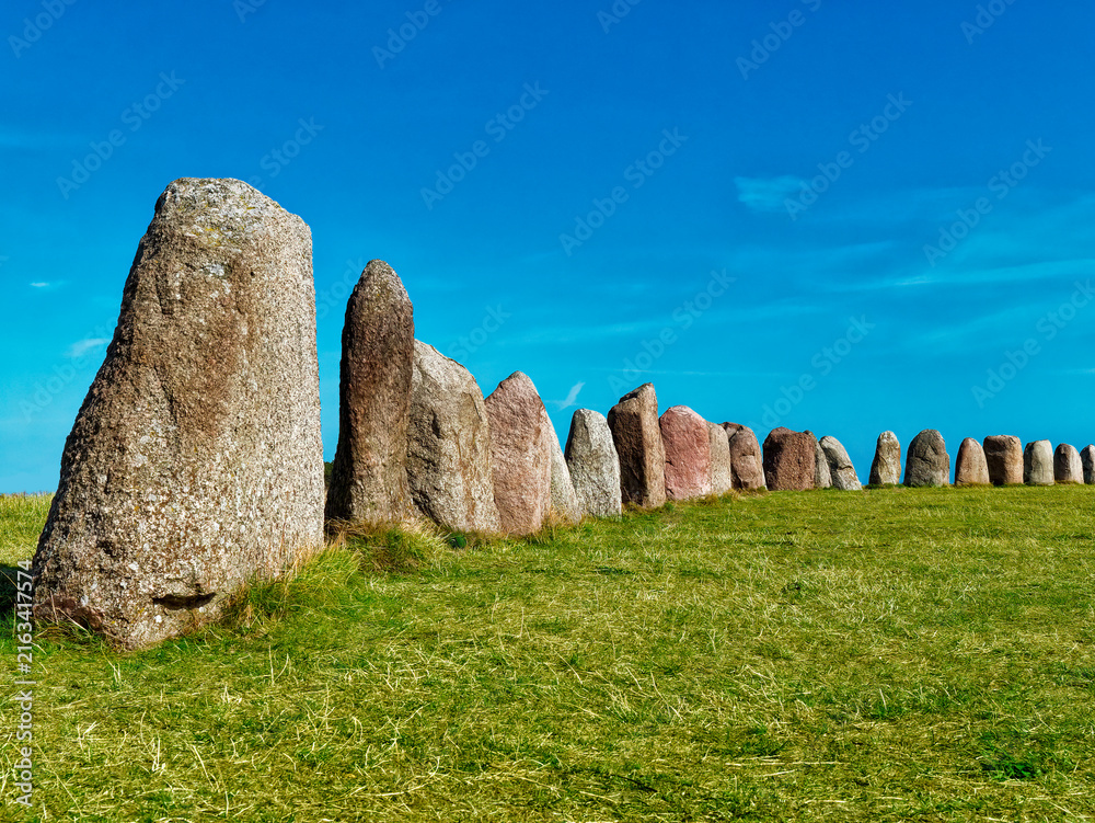 Fototapeta premium Ales stenar stones Ale's Stones Scania Sweden (or Ales stenar in Swedish) is a megalithic monument in Scania in southern Sweden.