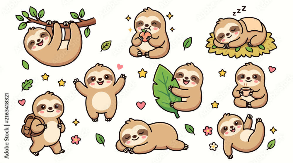 Naklejka premium Cute Cartoon Sloth Characters Set in Various Poses Hanging Sleeping and Playing