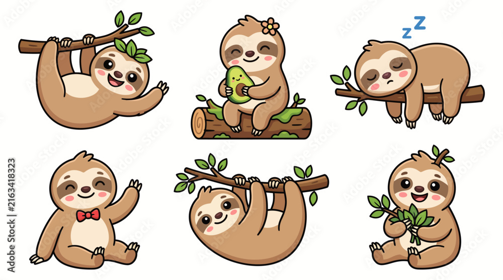 Naklejka premium Cute Cartoon Sloth Set – Adorable Sloth Characters Hanging, Sleeping and Eating Avocado