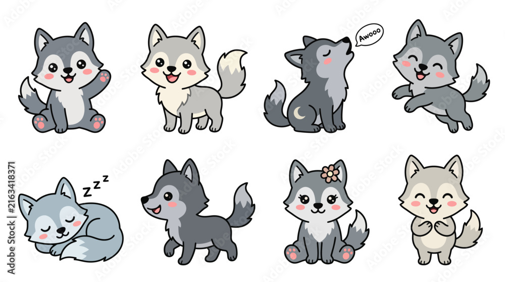 Fototapeta premium Cute Cartoon Wolf Set – Adorable Baby Wolf Characters Howling, Sleeping and Walking