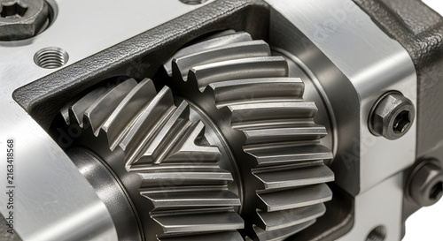 Detailed view of helical gears meshing within a mechanical housing