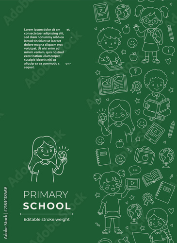 Primary school flyer presentation template with right doodle border chalkboard green background line art