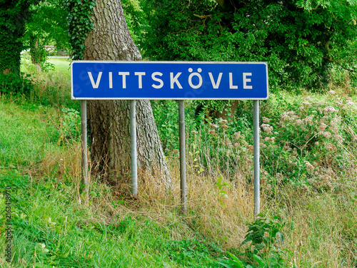 Signboard Vittskovle in the forest South of Sweden