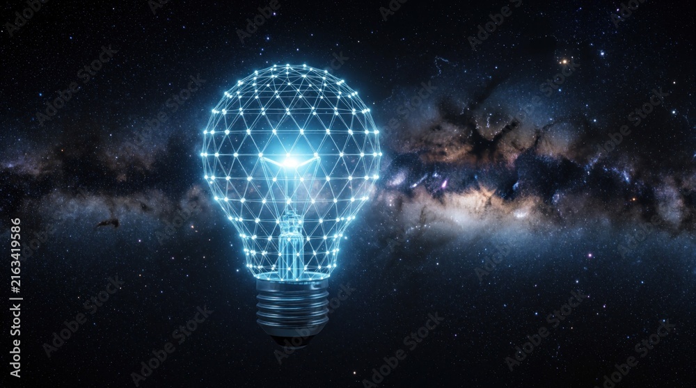 Naklejka premium Glowing blue light bulb made of digital mesh network floats in dark outer space. Creative concept of global energy tech, innovative ideas. Shining electric lamp represents futuristic science, smart