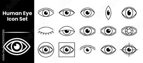 Minimalist human eye icon set featuring various thin line illustrations for web development UI.