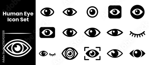 Creative human eye icon set with bold solid glyphs for modern interface and branding systems.