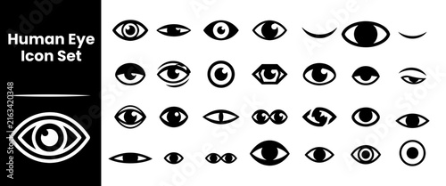 Set of black human eye icons showing various expressions and styles on transparent background.