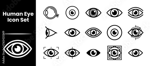 Comprehensive human eye icon set presenting linear diagrams of anatomy and visual perception.