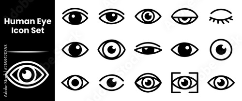Black and white human eye icon set showing various lid positions and focus configurations now.