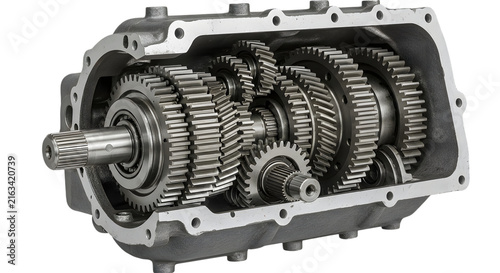 Cutaway view of a manual transmission gearbox showing internal gears and shafts