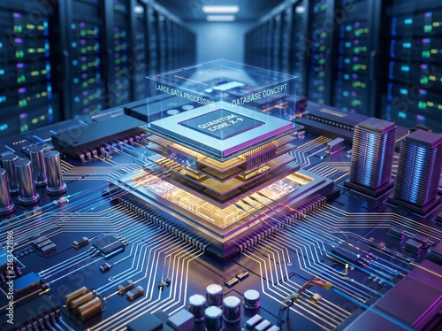 3D illustration of a microprocessor on a circuit board in a server room  