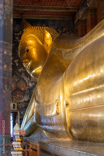 Golden Reclining Buddha at the Wat Pho temple in Bangkok, Thailand.