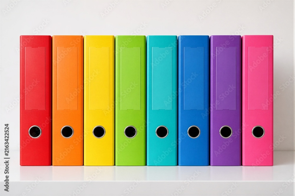 Fototapeta premium Colorful office binders neatly arranged on white shelf