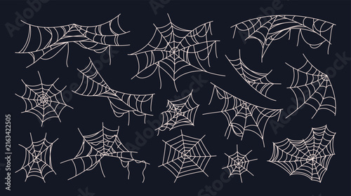 Hand drawn flat spider webs and cobwebs in various intricate shapes. Creepy Halloween and gothic linear elements perfect for spooky decorations, horror designs, haunted house themes, seasonal graphic