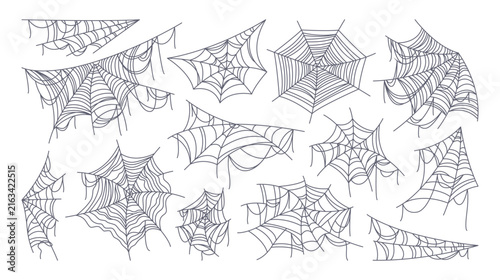 Hand drawn flat spider webs and cobwebs in various intricate shapes. Creepy Halloween and gothic linear elements perfect for spooky decorations, haunted house themes, horror designs, seasonal graphic