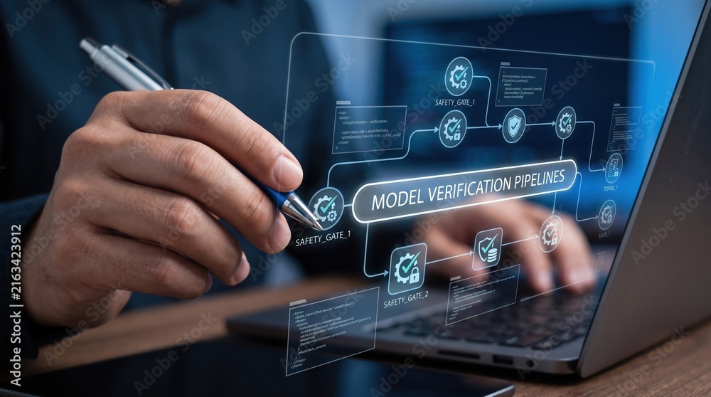 Fototapeta premium Professional utilizing an interactive digital display to manage and optimize machine learning model verification pipelines, enhancing data processing efficiency