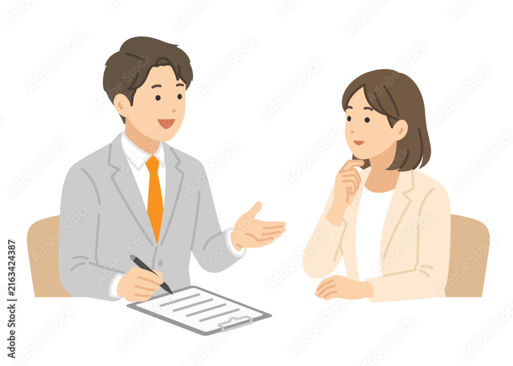 Fototapeta premium ヒアリング会話,スーツ男女,フラットイラスト