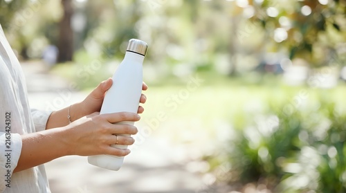 Woman holding blank white reusable water bottle outdoors in sunny