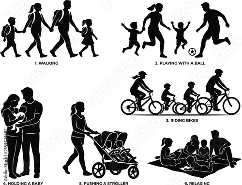 Set of active family lifestyle silhouettes walking playing sports cycling and relaxing vector 