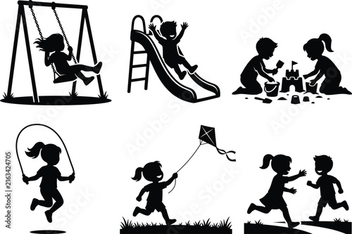 Set of happy children silhouettes playing in playground outdoor games and activities vector illustrationSet of happy children silhouettes 