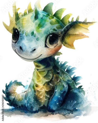 Cute baby dragon with pastel mint and sky blue scales, tiny wings, and a friendly expression. 