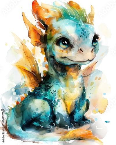 Cute baby dragon with pastel mint and sky blue scales, tiny wings, and a friendly expression. Whimsical watercolor illustration.