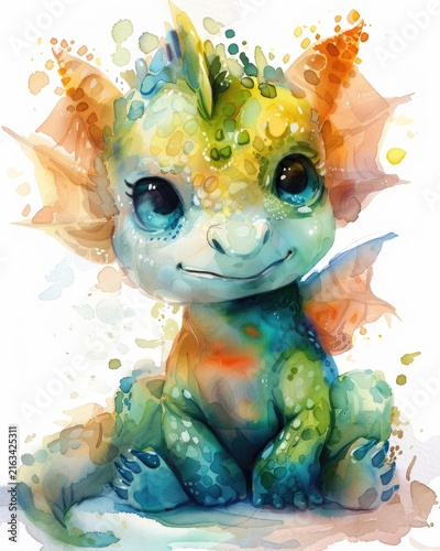 Adorable watercolor baby dragon sitting calmly against a clean white background. Soft pastel colors, magical fantasy themes, children's illustrations, nursery decoration, and creative prints.