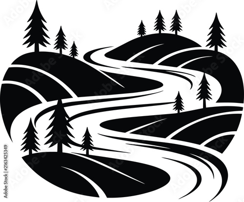 Winding river flowing through rolling hills with evergreen pine trees, monochromatic black and white countryside landscape in a heart-shaped emblem